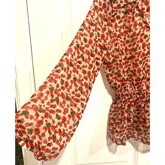 DMBM Red Sheer Floral V-Neck Pullover Shirt Top Blouse women's size Medium - Picture 3 of 6